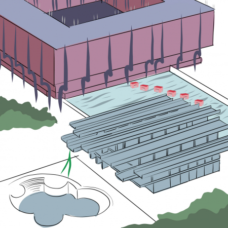Uproszczona ilustracja kompleksu hotelowego i zawieszenia szarfy.